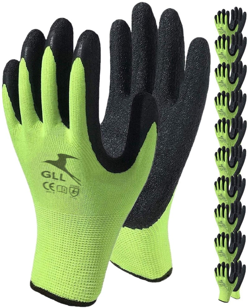 GLL Coated Work Gloves for Men and Women, 10-Pair Pack, Safety Gloves for Working, Gardening, Utility, Rugged Latex Rubber Firm Grip Coating (Medium, Green) - Image 1
